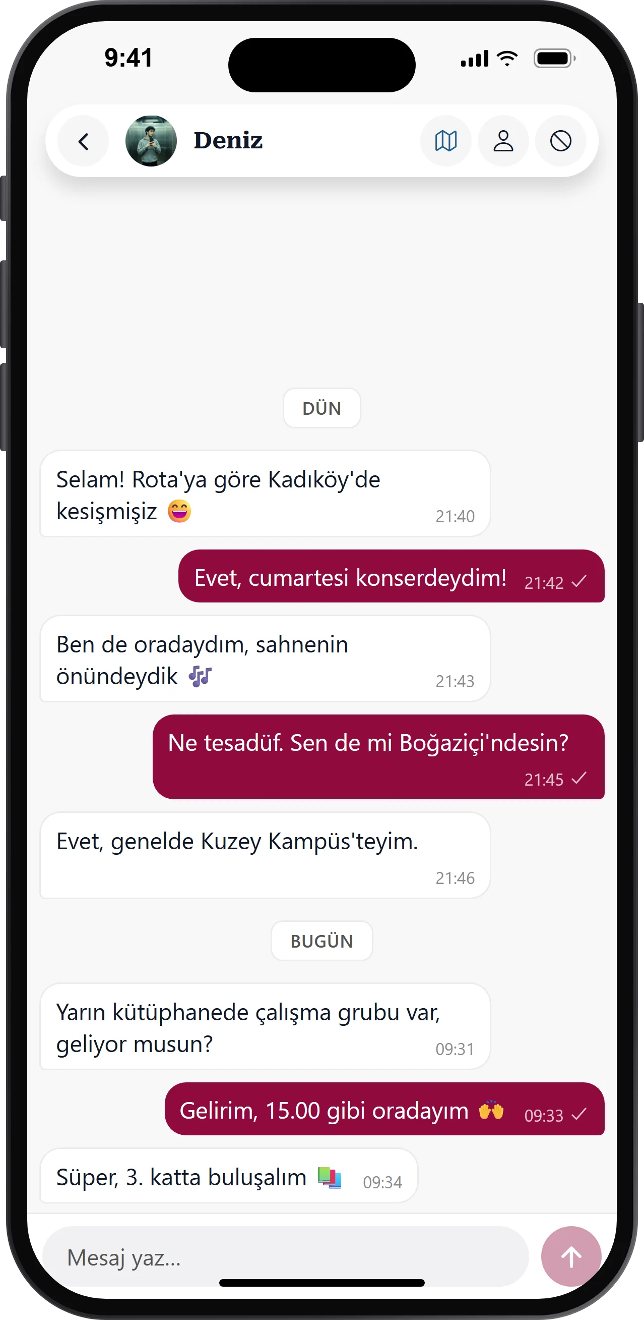 Sohbet ekranı: Deniz ile mesajlaşma