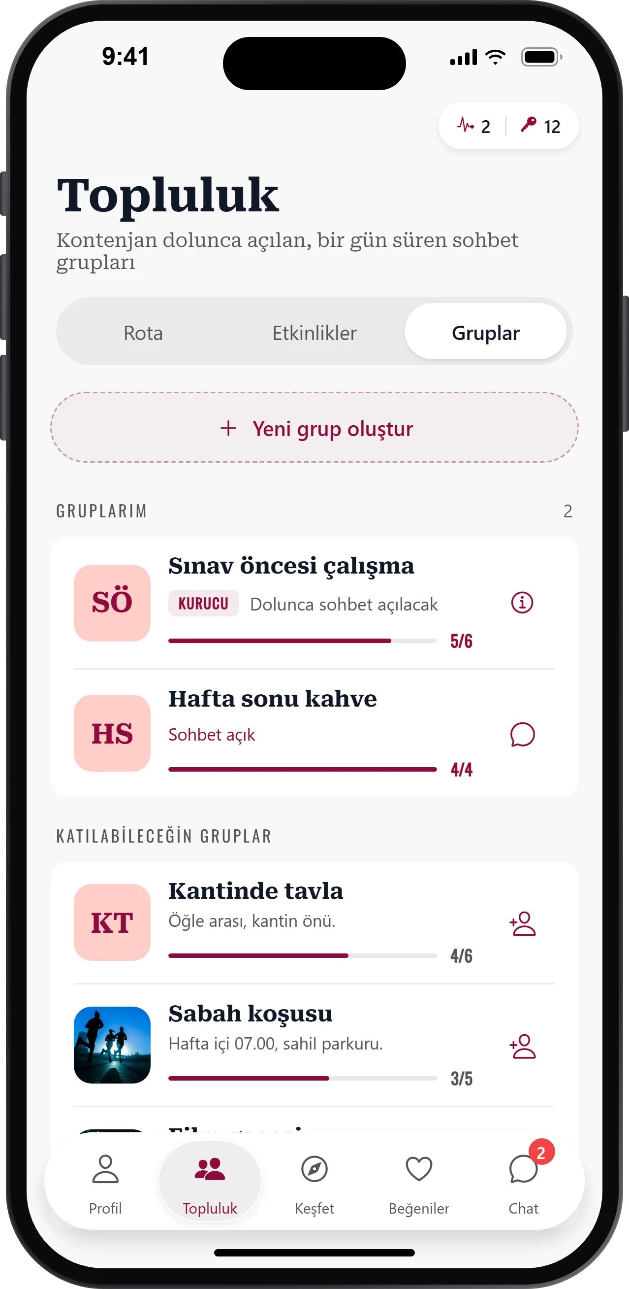 Topluluk ekranı: gruplar ve doluluk durumu